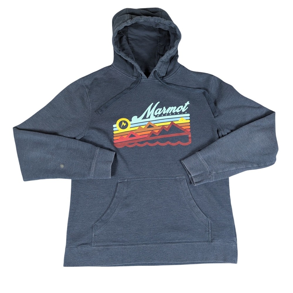 Marmot Hoodie Men Medium Navy Blue Retro Mountain Graphic Pullover Good